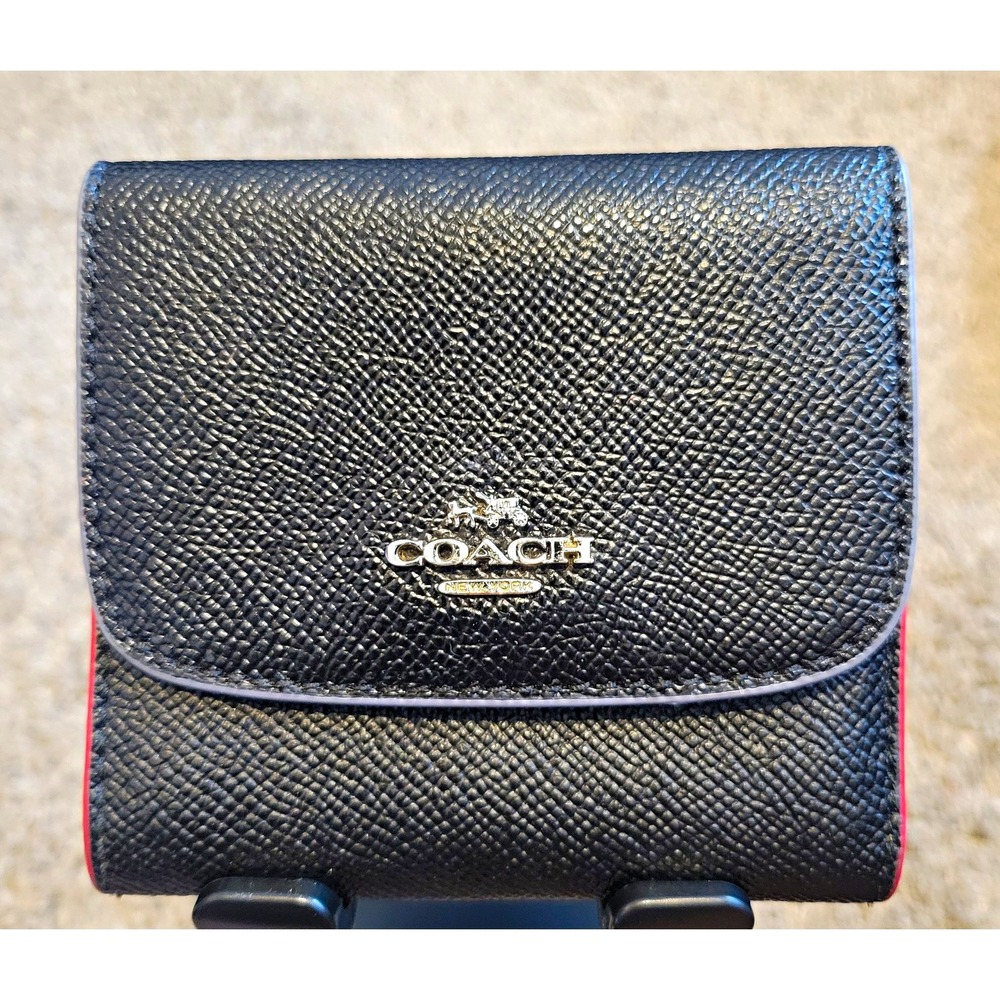 Coach Black Leather Folding Wallet Logo Accents Back Zipper Pocket Women's